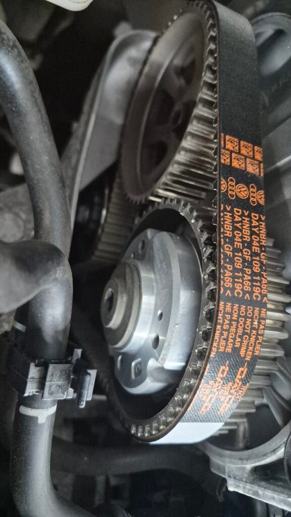 a close up of a newly fitted timing belt